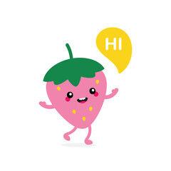 Cute smiling cartoon style pink strawberry character with speech bubble saying hi, hello.
