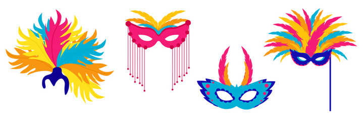 Set of beautiful colorful carnival masks in cartoon style. Vector illustration of face masks for parties and holidays on white background.