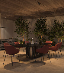 Luxury open kitchen and dining room with night lighting, green plants, stone floor, wooden ceiling. 3d render illustration interior apartment.