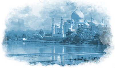 Hand painting Taj mahal landscape- Agra India. clouds background. Hand painted illustration - obrazy, fototapety, plakaty