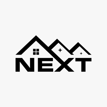 Simple and unique letter or word NEXT with triple roof house image graphic icon logo design abstract concept vector stock. Can be used as symbol related to property or home