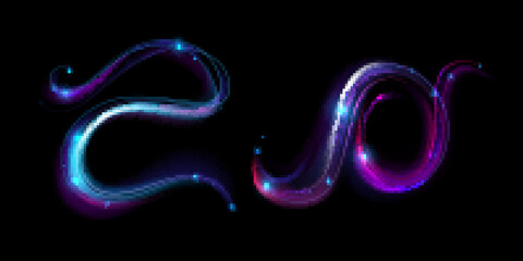 Neon magic swirl, wind effect purple twirl with stars and sparkles. Swirl of wand spell . Magician, wizard or fairy light, shiny trace isolated on black background Realistic 3d Vector illustration © klyaksun