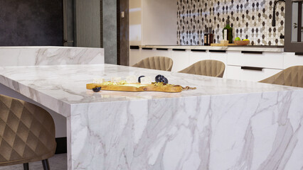 modern interior design of the kitchen island decorated with marble kitchen countertops 