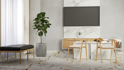 Minimalist interior design of golden white marble tiles, living room with marble table and entertainment room in one wall