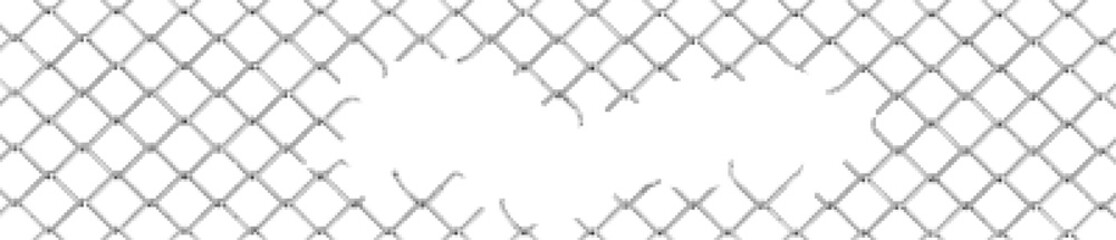 Broken wire fence, rabitz or chain link. Vector background of ripped metal mesh, steel grid or net with hole and wire cuts in center, damaged safety border, freedom concept, Realistic 3d illustration