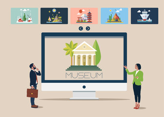 Museum building on computer screen. Interactive museum exhibition. Online gallery.