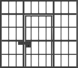 Prison cage with locked door, jail with black metal bars isolated on white background. Detailed iron fence and doorway, criminal institution grate realistic mockup, 3d vector illustration