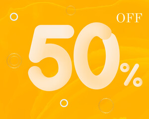 50 percent off. Yellow splash vector banner 3d. Big, hot discounts, reduced price, discount gift bonus. Advertising company mega sales, holiday event. Special offer, promo, clearance coupon, voucher.