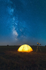Planetarium. Night, milky way, tent and telescope.