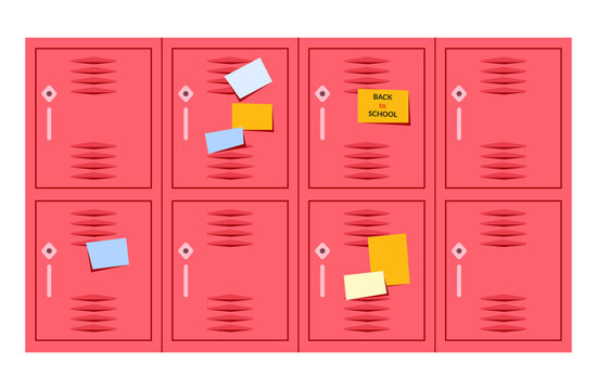 Closed school lockers with colorful stickers. Storage boxes for personal items, school supplies. Vector illustration in flat style