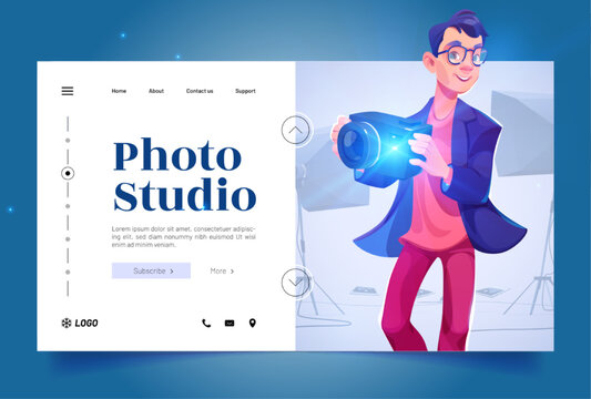 Photo studio banner with man holding camera with flash. Vector landing page of professional studio with cartoon interior with lamps, spotlights and guy photographer