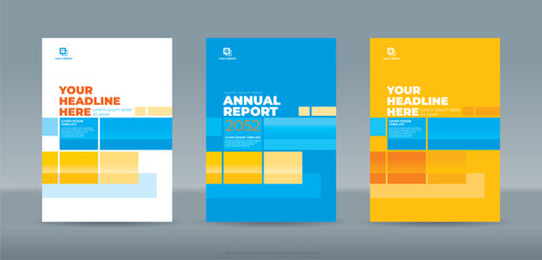 Abstrac random transparant rectangle with white, blue and orange backgound A4 size book cover template for annual report, magazine, booklet, proposal, portofolio, brochure, poster