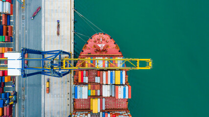 Aerial top view of container ship loading and unloading in cargo shipping port, Container cargo...