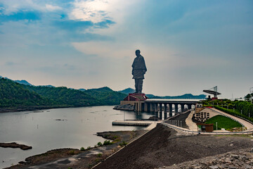 statue of unity the world tallest statue with bright dramatic sky at day from different angle