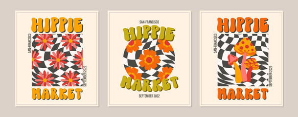 Fototapeta na wymiar Hippie funky vibe style template. Vintage 1960-1970. Hippy retro background. Symbol retro print.