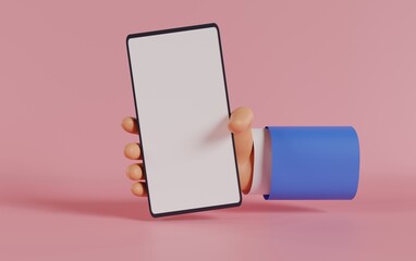 3D Cartoon hand holding smartphone isolated on pink background, Hand using mobile phone mockup. 3d render illustration.jpg