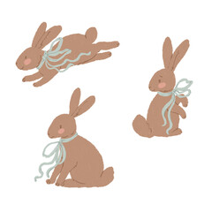 Cute buny illustration. A simple brown rabbit with a blue bow around its neck. Isolated animal on white background