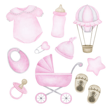 Baby girl newborn accessories clipart collection. Watercolor hand drawn baby girl illustrations set. Isolated clipart elements on white background. Design elements for nursery, cards, invitations..