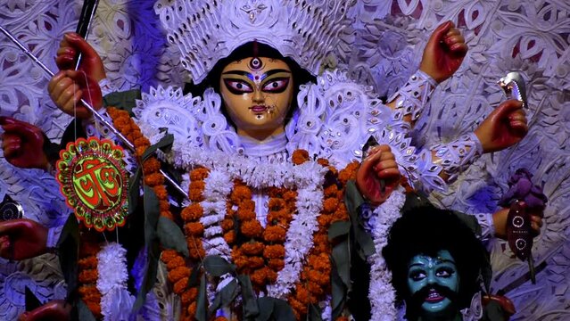 Goddess Durga with traditional look in close up view at a South Kolkata Durga Puja, Durga Puja Idol, A biggest Hindu Navratri festival in India