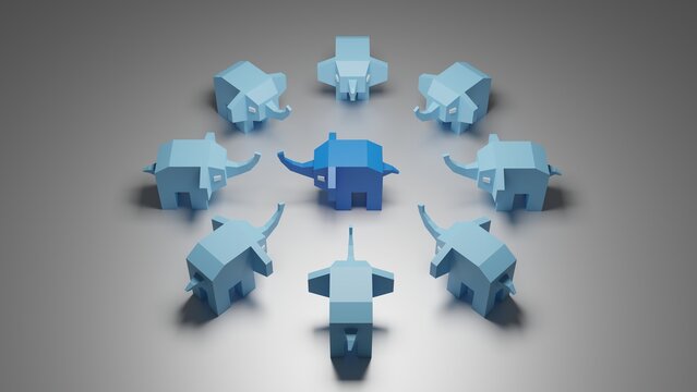 Low poly blue elephants in a circle around one elephant on grey background. PostgreSQL free database cluster or data replication symbol concept or metaphor. 3d illustration