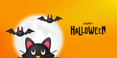 Happy halloween with 3d cute cat with moon and bat illustration with yellow background