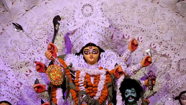 Goddess Durga with traditional look in close up view at a South Kolkata Durga Puja, Durga Puja Idol, A biggest Hindu Navratri festival in India