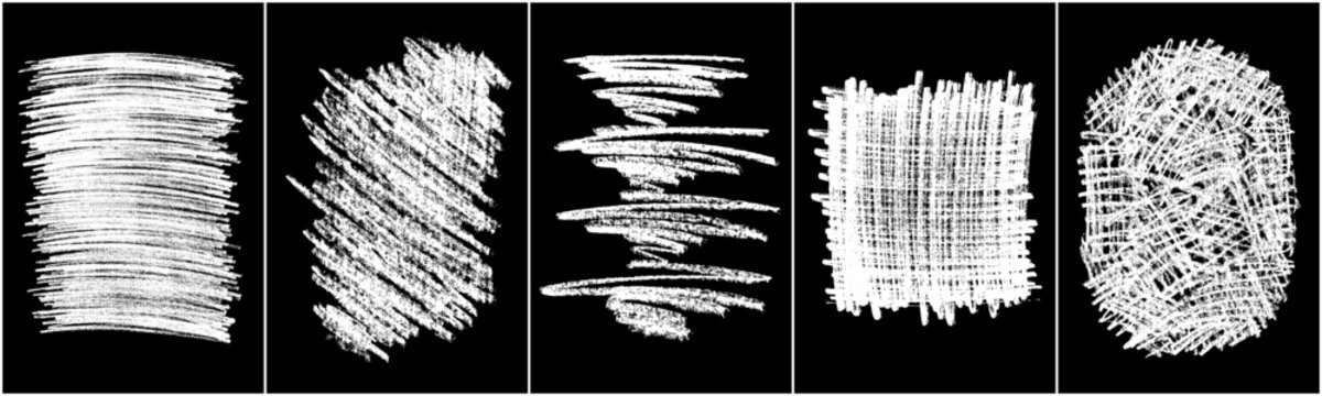 Set of scribble hand drawn in chalk on black background. Shabby white texture. Monochrome stain element. Rusted effect. Digitally generated image. Vector illustration, Eps 10.