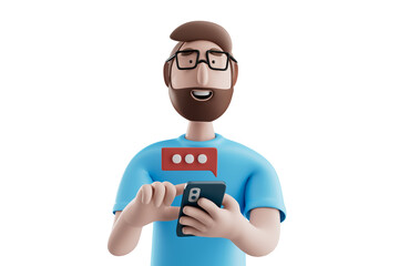 3d illustration..Happy cartoon character man use smartphone with red text bubble over white background. Social network messenger concept. 