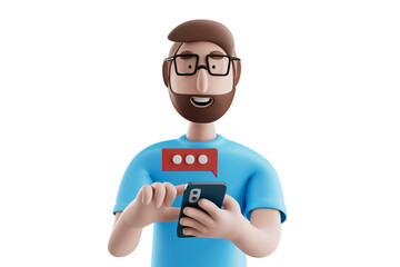 3d illustration..Happy cartoon character man use smartphone with red text bubble over white background. Social network messenger concept. 