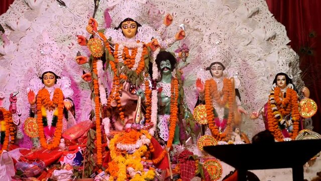 Goddess Durga with traditional look in close up view at a South Kolkata Durga Puja, Durga Puja Idol, A biggest Hindu Navratri festival in India