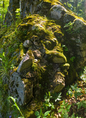 Ruins of an old medieval stone chapel in the forest