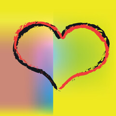 drawing in the form of two red and black hearts on a multicolored background. Love. Passion.