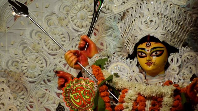 Goddess Durga with traditional look in close up view at a South Kolkata Durga Puja, Durga Puja Idol, A biggest Hindu Navratri festival in India