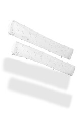 Close-up pair of white transparent fingerless wedding gloves decorated with pearl beads. The fingerless wedding gloves are isolated on a white background. Top view.