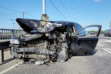 Сar body after frontal collision accident on a road