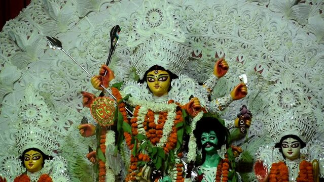 Goddess Durga with traditional look in close up view at a South Kolkata Durga Puja, Durga Puja Idol, A biggest Hindu Navratri festival in India