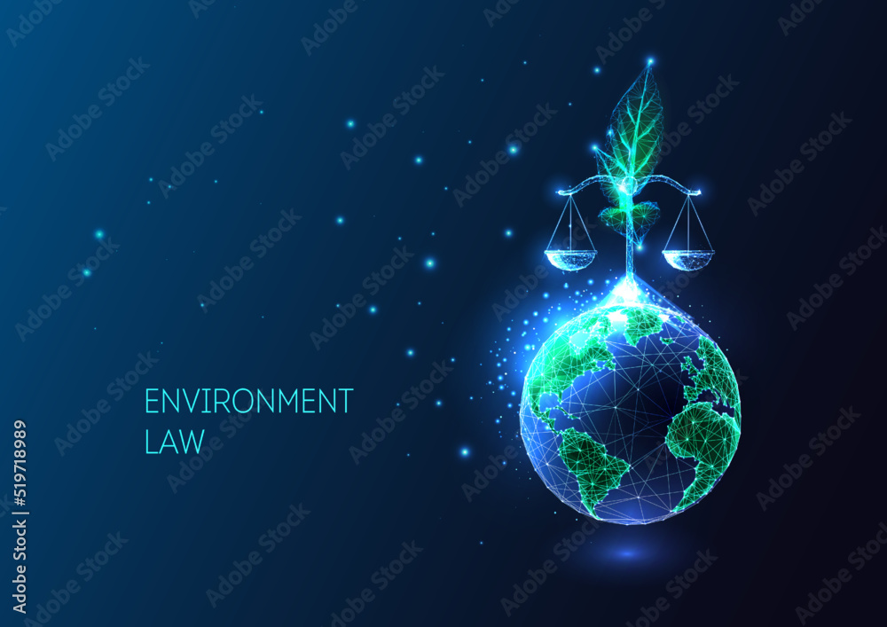 Poster environmental law concept with planet earth, plant seedling and scales in futuristic style on blue