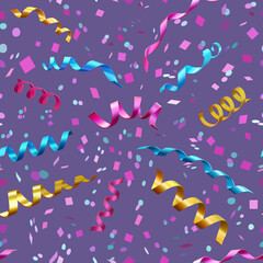 Colorful falling confetti, seamless carnival pattern. 3d realistic streamers with confetti.