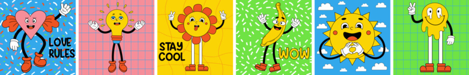 Set groovy retro cartoon stickers with funny comic characters with faces, gloved hands and feet. Trendy cartoon sun, power flowers, heart, banana and melt smile face. Sticker pack, posters. Vector