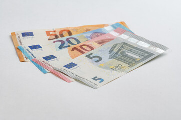 5, 10, 20, 50 euro banknotes. Money on white background