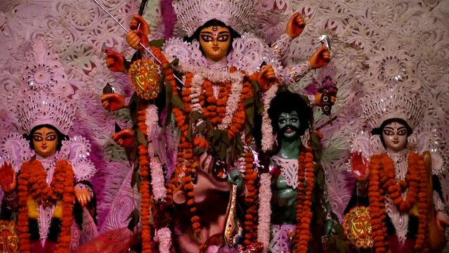 Goddess Durga with traditional look in close up view at a South Kolkata Durga Puja, Durga Puja Idol, A biggest Hindu Navratri festival in India