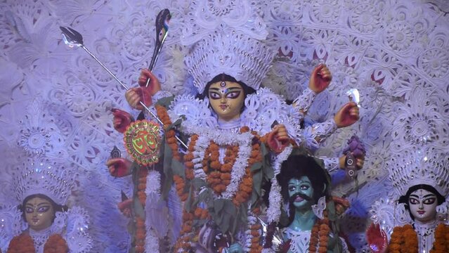 Goddess Durga with traditional look in close up view at a South Kolkata Durga Puja, Durga Puja Idol, A biggest Hindu Navratri festival in India