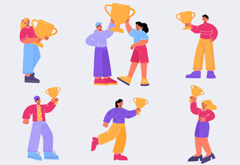 Happy people with trophy cups, winners with first place award goblets for victory in sports or business achievements. Characters celebrate win, competition, prize, success, Line art flat vector set