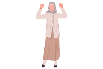 Business flat cartoon style drawing Arabian businesswoman shows two biceps or fist up. Female manager shows strong, win, victory gesture. Power success and positive. Graphic design vector illustration