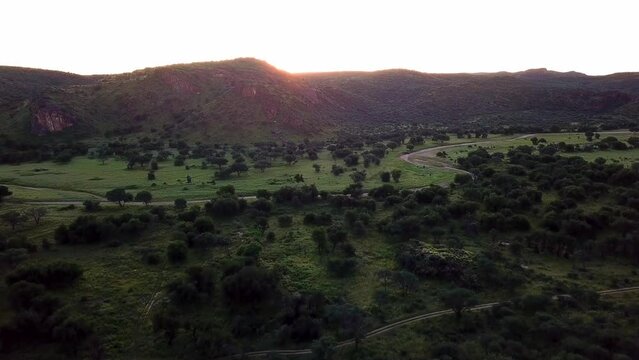 Sunset drone flight in a Namibian game lodge