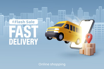 3d Vector of Express delivery van jump out from smartphone. Fast delivery and shipping on blue town background. Fast delivery