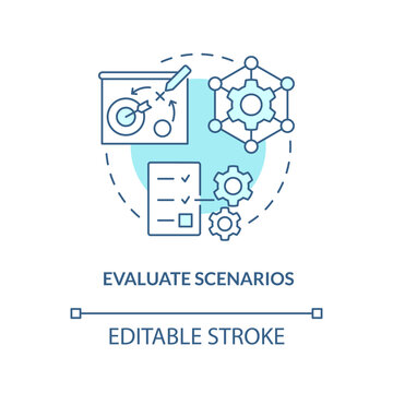 Evaluate scenarios turquoise concept icon. Operational metrics. Supply chain priority abstract idea thin line illustration. Isolated outline drawing. Editable stroke. Arial, Myriad Pro-Bold fonts used