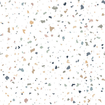 Terazzo seamless pattern composed of pieces of granite, quartz, marble and stone. Speckled floor texture. White classic paving design. Abstract wall background. Retro venetian stone material