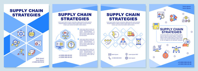 Supply chain strategies blue brochure template. Management. Leaflet design with linear icons. Editable 4 vector layouts for presentation, annual reports. Arial-Black, Myriad Pro-Regular fonts used