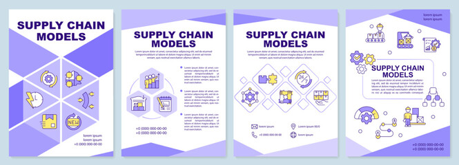 Supply chain models purple brochure template. Leaflet design with linear icons. Editable 4 vector layouts for presentation, annual reports. Arial-Black, Myriad Pro-Regular fonts used